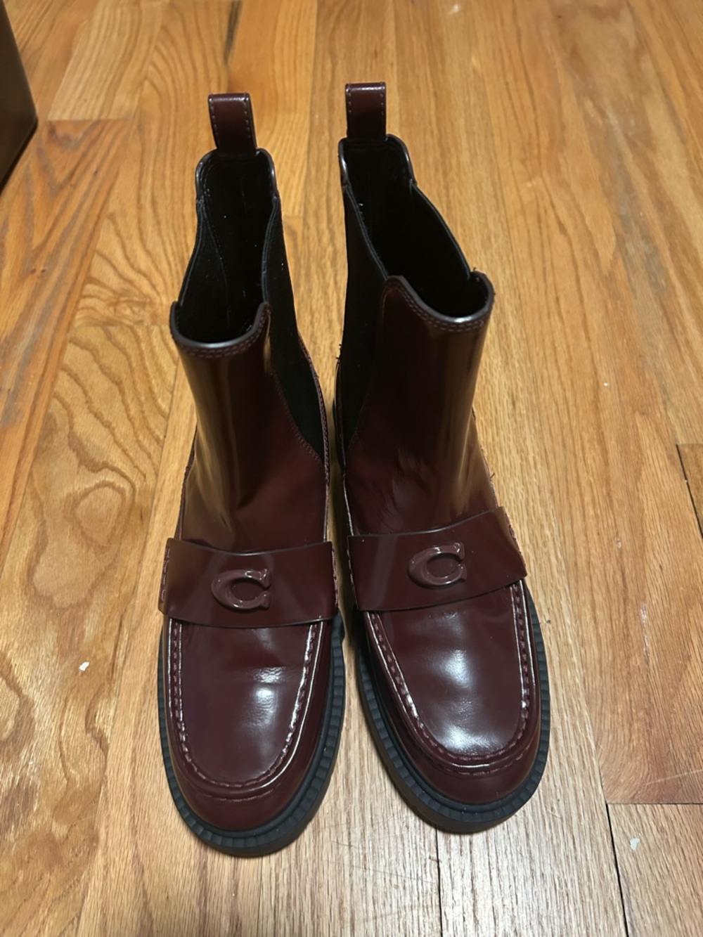 Coach Women's Burgundy Leather Combat Boots with Signature C Strap